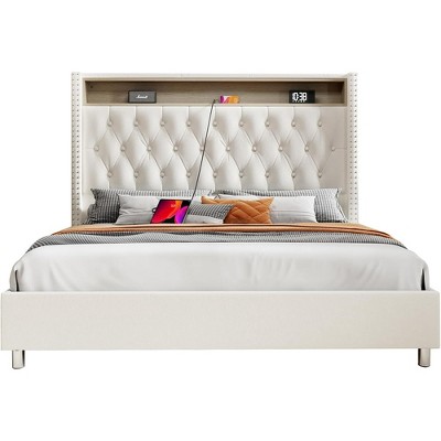 LED Frame with 53.2" Storage Headboard,USB Ports,No Box Spring Needed