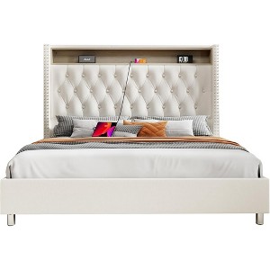 LED Frame with 53.2" Storage Headboard,USB Ports,No Box Spring Needed - 1 of 4