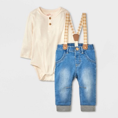 Image of Baby Boys' Ribbed Gingham North Suspender Set - Cat & Jack™ White 0-3M