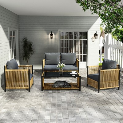 SKRAN New Comming Outdoor Patio Brown PE Wicker Sofa Set   with Grey Cushion for Backyard Poolside Garden