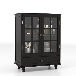 TiramisuBest Minimalist Black Buffet Cabinet with Double Glass Doors & Drawer, Modern Wooden Storage Sideboard for Living, Dining,Entryway - 1 of 4