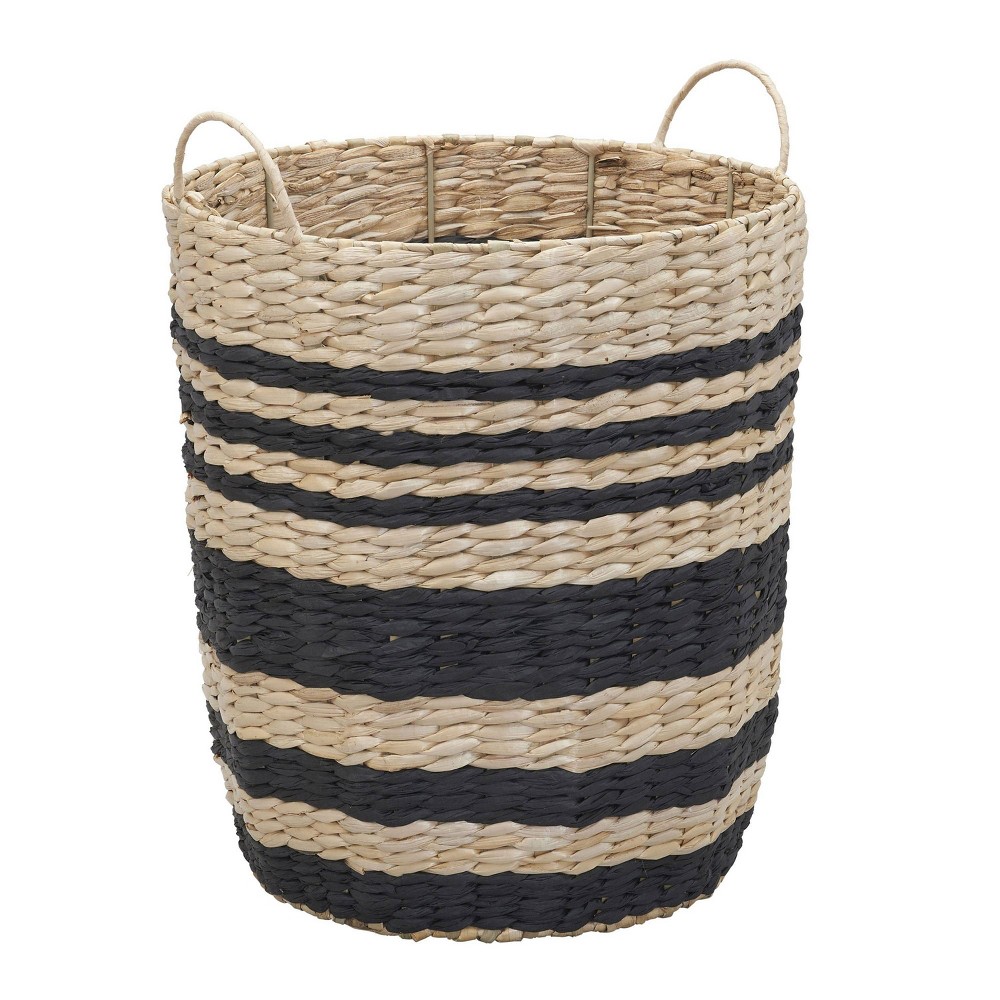 Household Essentials Multi-Band Basket with Handles Cattail and Paper Rope: Handwoven Tall Storage, Black, 18" Round