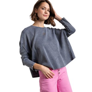 Slickblue Women's Thermal Crewneck Top, Mineral Wash Finish, Loose Fit, Soft Pink/Ash Navy, Size S-L - 1 of 4