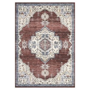Washable Rug Vintage Oriental Distressed Rug Non Slip Non Shedding Rug Retro Medallion Foladable Rugs Low Pile Carpet for Bedroom Living Room Nursery - 1 of 4