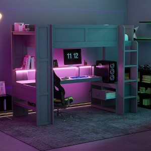 Whisen Wood Gaming Loft Bed with Desk, Multi-storage Shelves, LED and Charging Station - 1 of 4