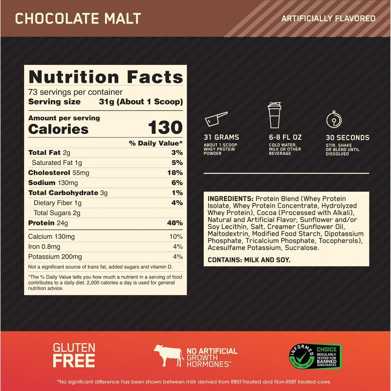 Optimum Nutrition, Gold Standard 100% Whey Protein Powder, Chocolate Malt, 5lb, 5 of 11