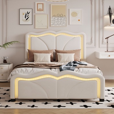 NicBex Upholstered Bed Frame with Curve Shaped and Tufted Adjustbale Headboard,Platform Bed Frame with LED Lights,No Box Spring Needed,Pink/White