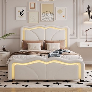 NicBex Upholstered Bed Frame with Curve Shaped and Tufted Adjustbale Headboard,Platform Bed Frame with LED Lights,No Box Spring Needed,Pink/White - 1 of 4