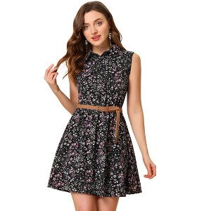INSPIRE CHIC Women's Floral Sleeveless Half Placket Mini Belted Summer Dress - 1 of 4