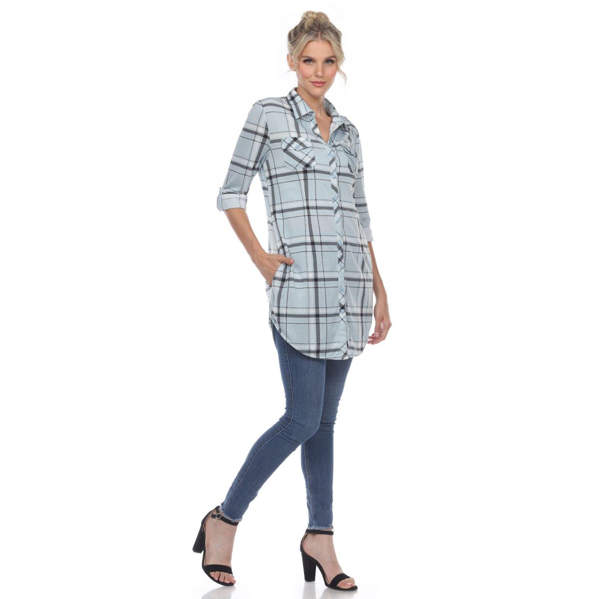 Women's Printed Plaid Roll Tab Tunic - White Mark - thumbnail 8