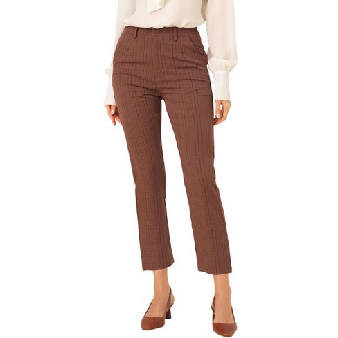 Allegra K Women's Plaid High Waist Elastic Back Office Work Ankle Pants  Brown Large