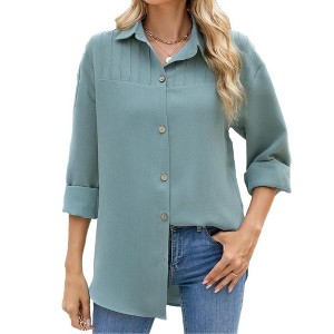 Coolmee Button Down Shirts for Women Long Sleeve Collared Dressy Blouses Casual Work Office Pleated Tunics Tops - 1 of 4