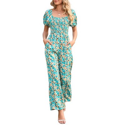 Whizmax Women's Summer Smocked Jumpsuits Casual Square Neck Short Sleeve High Waist Wide Leg Rompers with Pockets