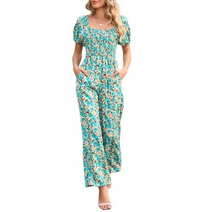 Whizmax Women's Summer Smocked Jumpsuits Casual Square Neck Short Sleeve High Waist Wide Leg Rompers with Pockets - 1 of 4