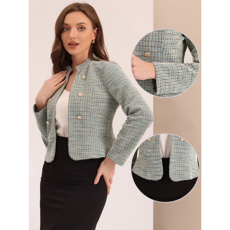 Allegra K Women's Tweed Stand Collar Business Open Front Cropped Jacket, 2 of 6
