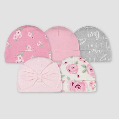 Gerber Baby Girls' 5pk Floral Caps - Pink/Gray