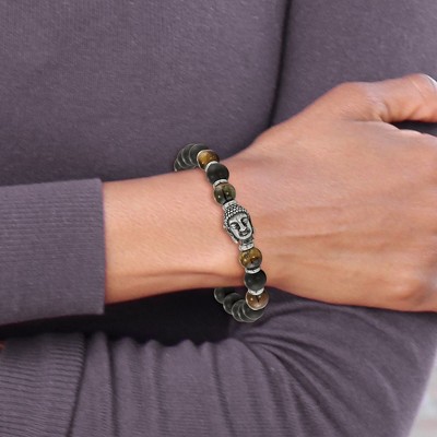 Chisel Stainless Steel Antiqued and Buddha 8mm Black Agate and Tiger's Eye Beaded Stretch Bracelet