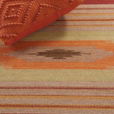 Handmade Red and Multicolor Wool Kilim Area Rug, 5' Square