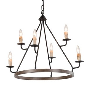 LNC Gartin 6-Light 27" Farmhouse Wagon Wheel Large Chandelier, Matte Black and Antique Brown - 1 of 4