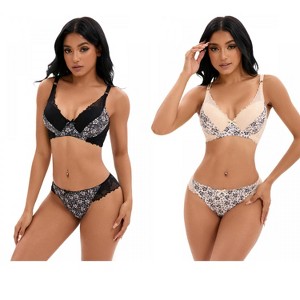 INSPIRE CHIC 2 Pcs Women's Floral Mesh Push-Up Underwire Lace Bra and Underwear Sets - 1 of 4