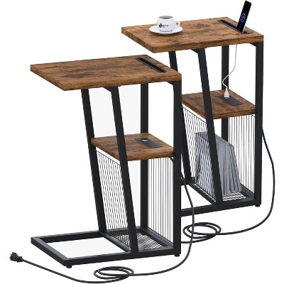Heybly Side Table Set of 2, C Shaped Nightstand End Sofa Table with Charging Station