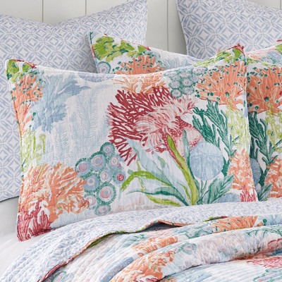 Caribbean Coral King Cotton Quilt Set with Reversible Blue Trellis Design