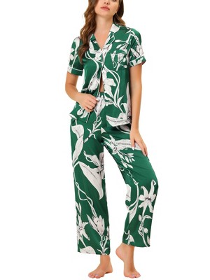 Cheibear Women's Silky Floral Short Sleeves Sleepshirt With Pants Pjs Set 2  Pcs Green Large : Target