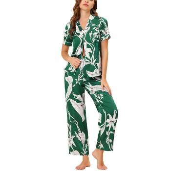 Cheibear Women's Satin Silky Floral Button Down Long Sleeve Sleepshirt With  Pants 2-piece Pajama Set Navy Blue Large : Target
