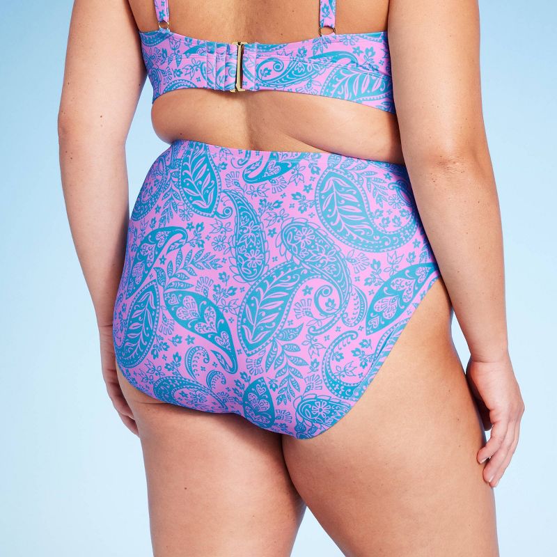 Women's Paisley Print High Waist Medium Coverage High Leg Bikini Bottom - Wild Fable™ Blue/Pink, 3 of 5