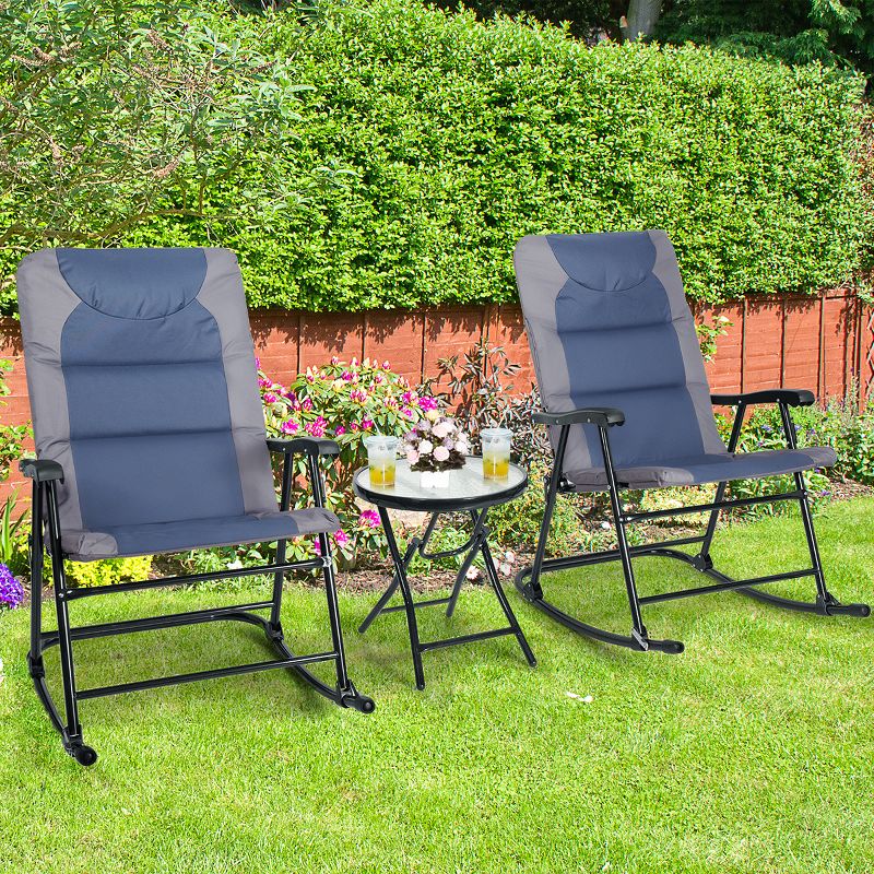 Costway 3PCS Folding Bistro Set Rocking Chair Cushioned Table Garden Blue, 4 of 11