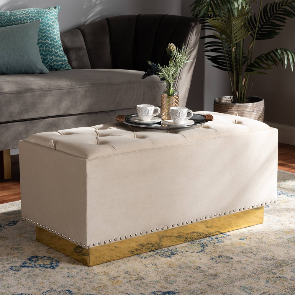 Photos - Pouffe / Bench Powell Velvet Fabric Upholstered and PU Leather Ottoman Gold - Baxton Studio