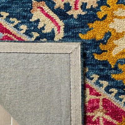 Navy and Fuchsia Square Wool Floral Area Rug