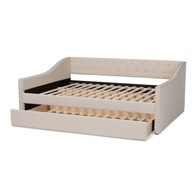 Beige Upholstered Full Size Daybed with Trundle and Nailhead Trim