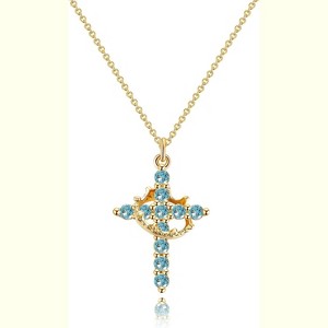 14K Gold Plated Crown Cross Pendant Necklace Non Tarnish Religious Gift M03 Aquamarine Blue, Mar - 1 of 4