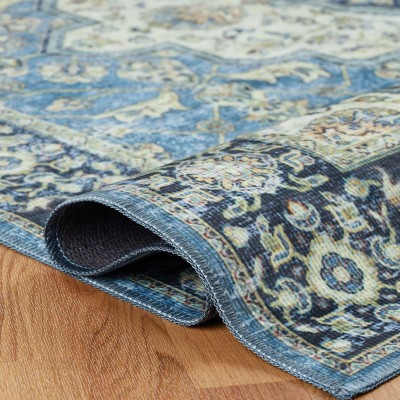 Blue Medallion Synthetic Traditional Washable Area Rug, 4' x 6'