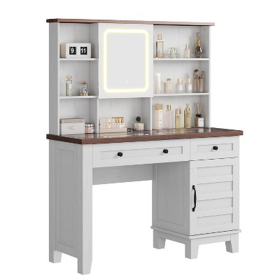Vanity Desk with Mirror and Adjustable Lights, Makeup Vanity Desk with Drawers, Built-in Power Outlet & USB, Makeup Table for Bedroom