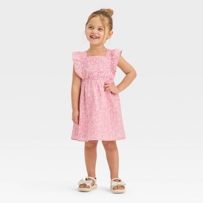 2-piece Toddler Girl Waffle White Top and Cat Embroidered Pink Overall Dress Set