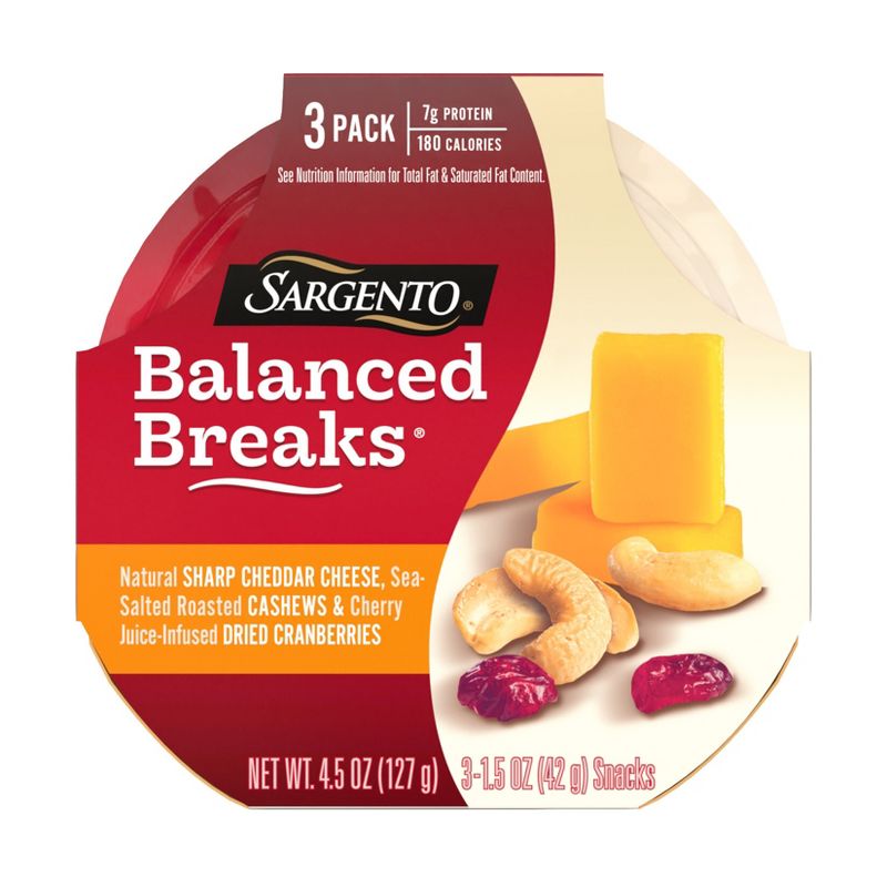 Sargento Balanced Breaks Natural Sharp Cheddar, Sea-Salted Cashews &#38; Cherry Juice-Infused Dried Cranberries - 4.5oz/3ct, 1 of 9