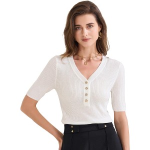 INSPIRE CHIC Women's Ribbed Knit V Neck Button Henley Half Sleeve Shirt - 1 of 4