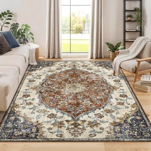 Large Area Rug, Vintage Washable Floral Medallion Area Rug for Living Room, Printed Non Slip Carpet Soft Rugs - 1 of 4