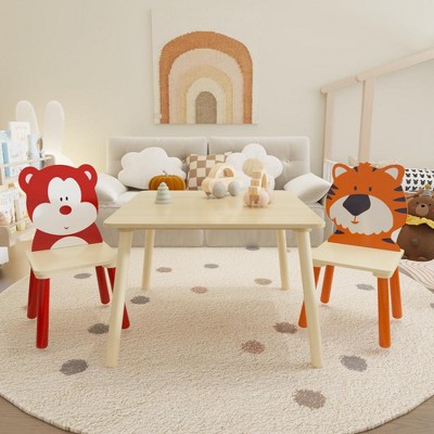 23.6"Kids Table and 2 Chairs Set, 3 Pieces Toddler Table and Chair Set, Wooden Activity Play Table Set (Bear&Tiger)Natural
