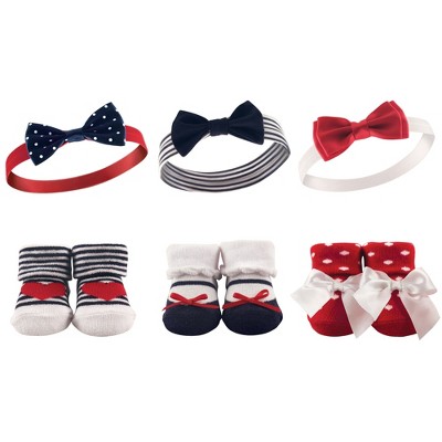 Hudson Baby Infant Girl Headband and Socks Giftset 6pc, Red Navy, One Size