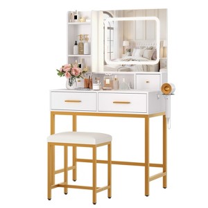 Makeup Vanity Desk with Mirror & Lights – 4 Drawers, 2 Shelves, Built-in Charging Station, LED Light with 3 Modes, 53" White & Gold - 1 of 4