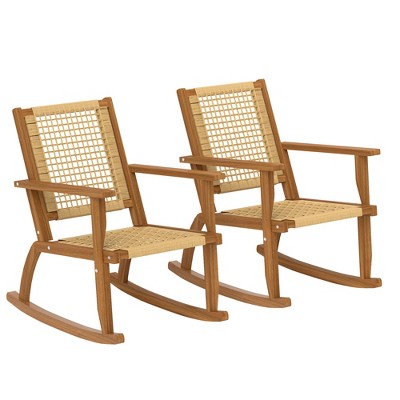 Outsunny Outdoor Rocking Chair Set of 2, Acacia Wood Outdoor Rockers with Wicker Back and Seat, Khaki