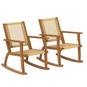 Outsunny Outdoor Rocking Chair Set of 2, Acacia Wood Outdoor Rockers with Wicker Back and Seat, Khaki - 1 of 4