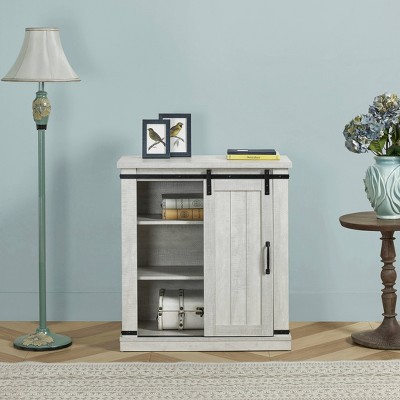 Saw Cut Off-White Compact TV Stand with Barn Door Cabinet