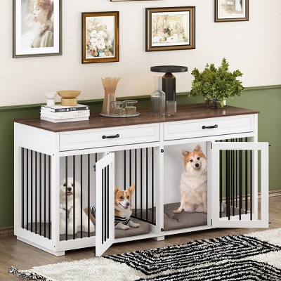 Large White and Black Wooden Double Dog Crate Furniture with Drawers