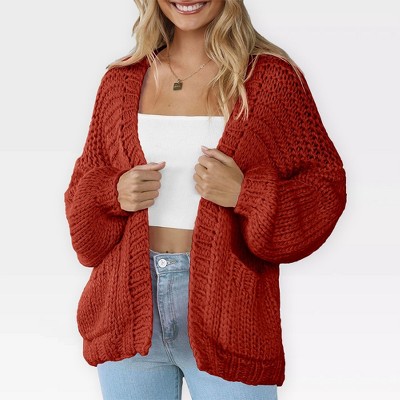 Women's Sweater Knit Cardigan with Pockets - Open Front Cable Knit Chunky Thick Sweater for Comfy Winter Knitwear,Rust Red - S