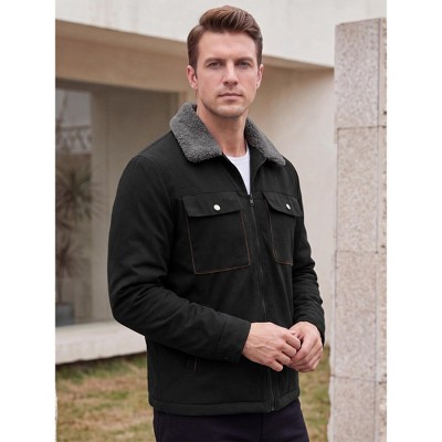 Мужские куртки INSPIRE CHIC Men's Casual Zipper Pockets Vintage Fleece Lined Faux Suede Trucker Jacket Large Black — фото 2
