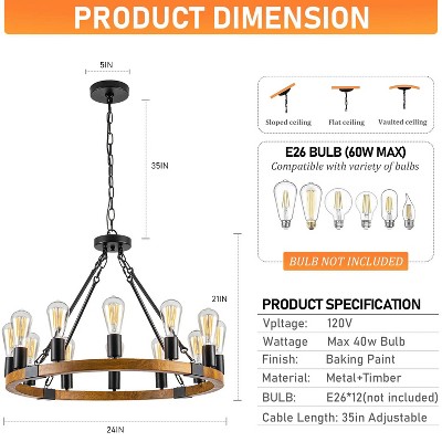 MaseiKar Wood Wagon Wheel Chandelier Farmhouse 12-Light 24″ Metal Pendant Chandeliers Wooden Vintage Rustic Light Fixtures Industrial for Dining Room